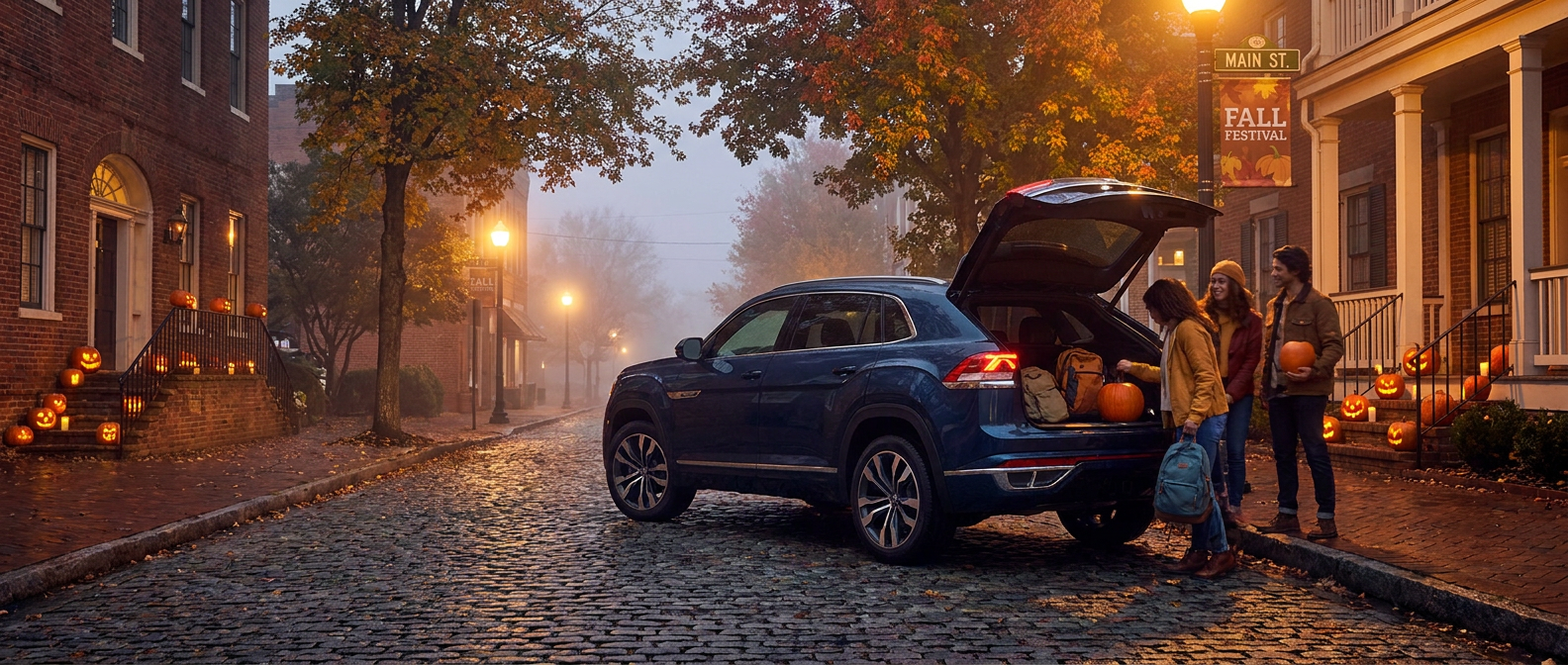 2026 Volkswagen Atlas parked at a Greenville SC haunted house on Halloween night, rear hatch open, group of seven friends preparing to load in