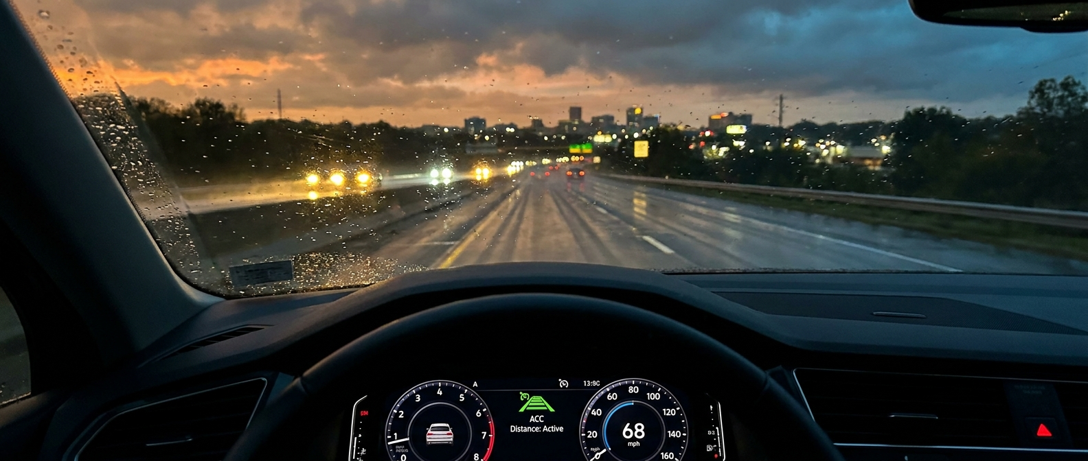 2027 Volkswagen Tiguan on wet I-85 in Greenville SC in October rain with IQ.DRIVE ACC active