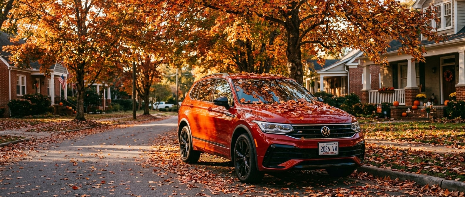 2026 Volkswagen Tiguan with fall leaves on hood under autumn tree canopy in Greenville SC