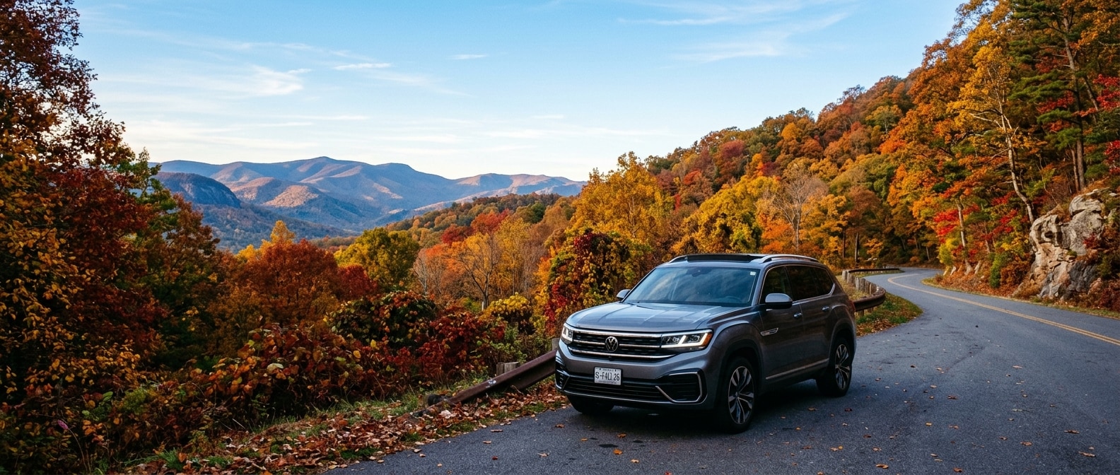 2026 Volkswagen Atlas on US 276 heading to Caesars Head State Park in fall foliage, Upstate South Carolina