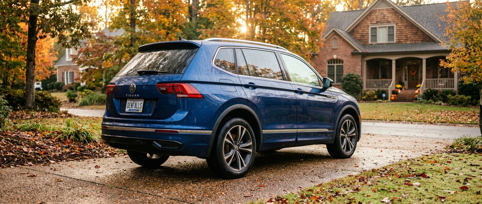 2026 Volkswagen Tiguan on a dewy Greenville SC morning showing brake rotor through wheel spokes in fall light