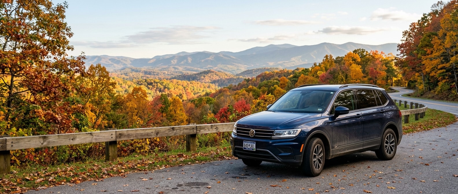 Used Volkswagen Tiguan second-generation in Upstate South Carolina foothills, blue exterior, autumn