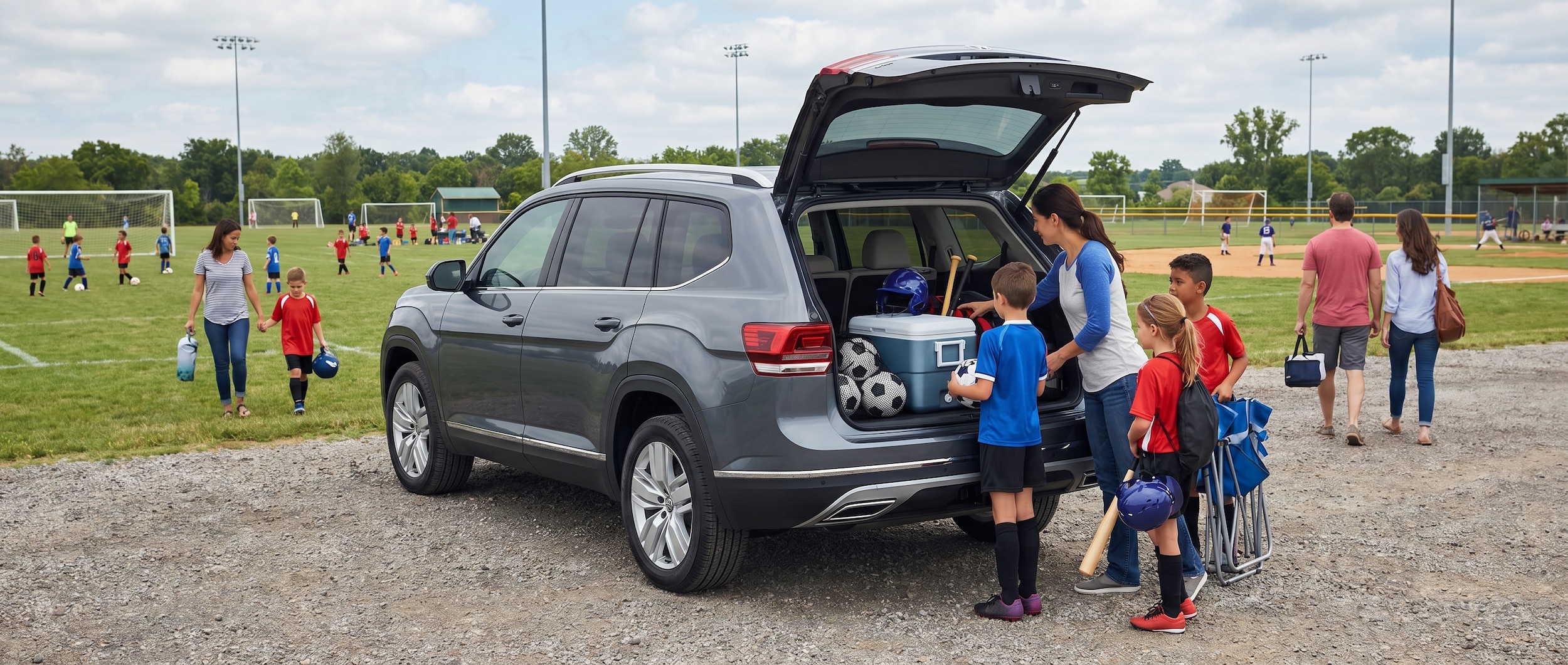 Volkswagen Atlas loaded with sports equipment at Greenville SC youth sports fields