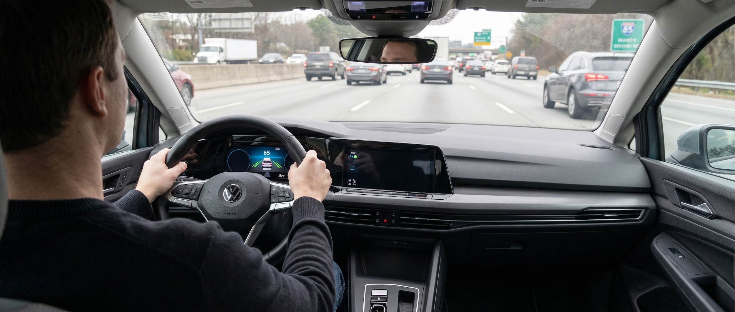 Volkswagen adaptive cruise control display active on I-85 Greenville SC