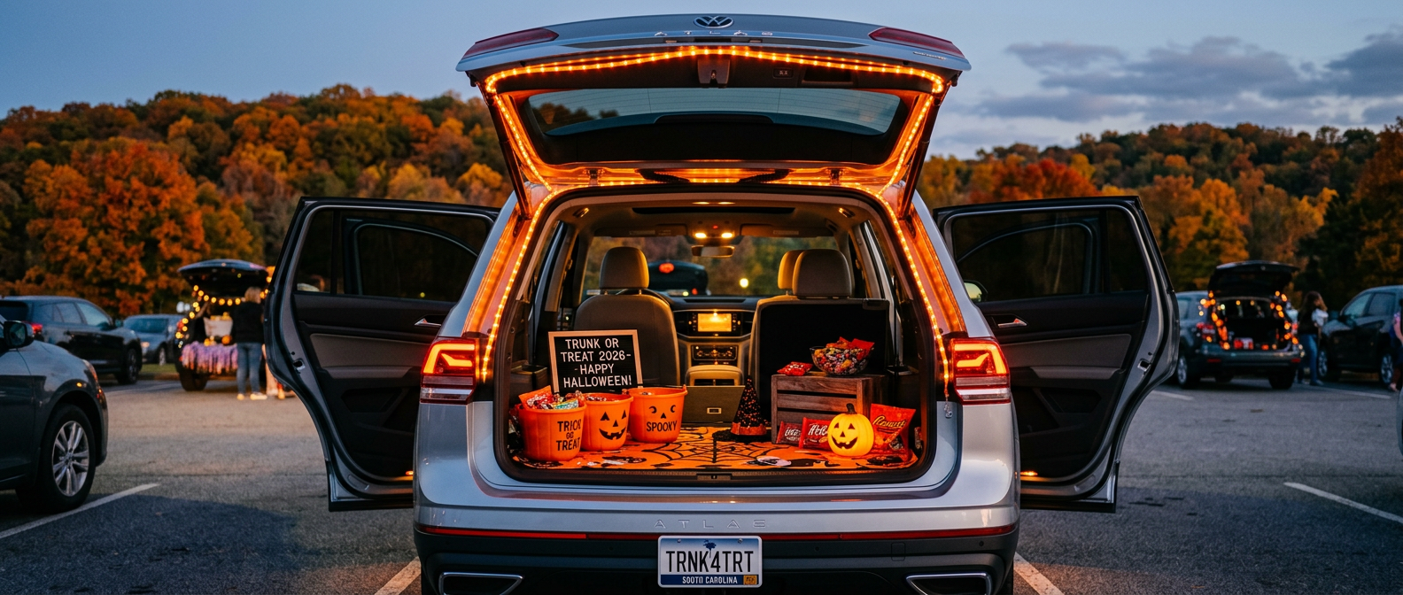 2026 Volkswagen Atlas cargo area decorated for Halloween trunk-or-treat with orange lights and candy at dusk in Greenville SC