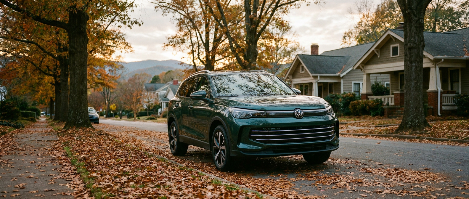 2026 Volkswagen Tiguan on a leaf-covered Greenville SC street during fall road debris season