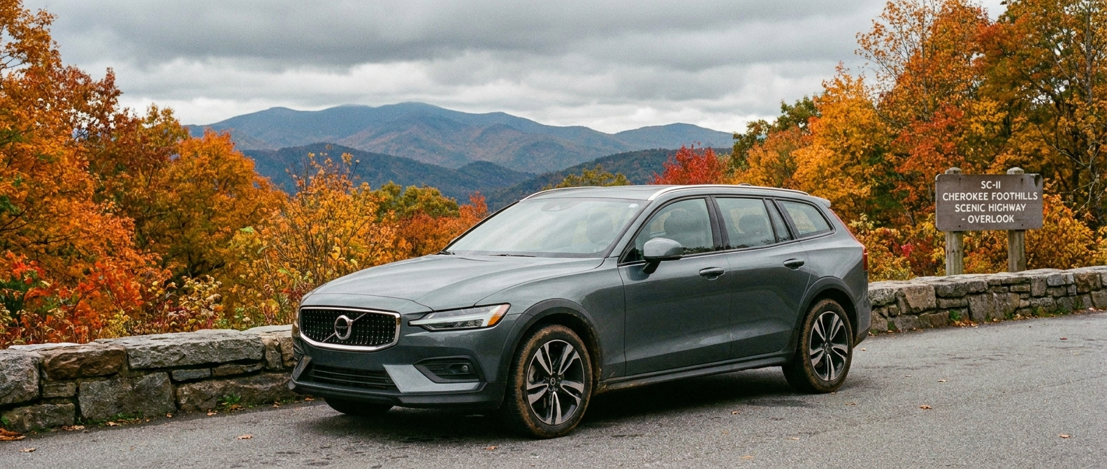 2025 Volvo V60 Cross Country wagon at a fall foliage overlook on the Cherokee Foothills Scenic Highway in Upstate South Carolina