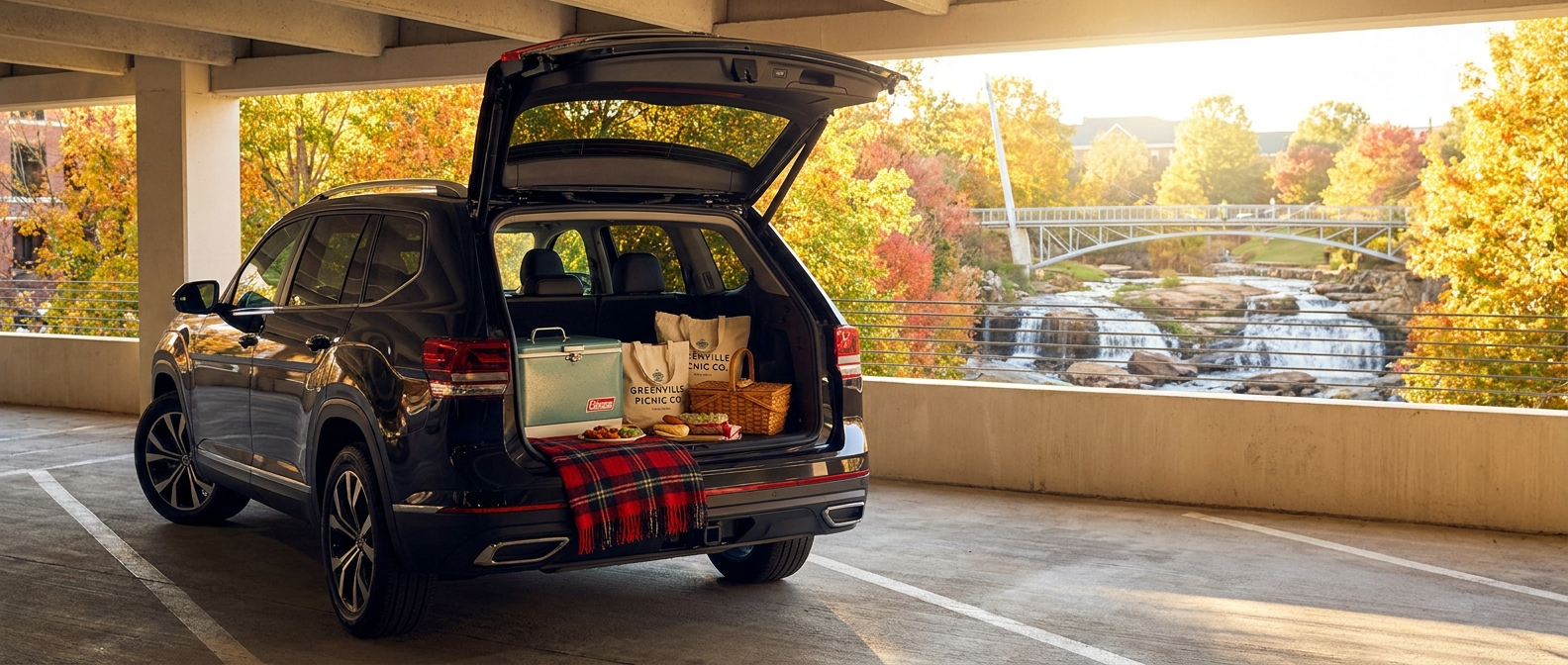 2026 Volkswagen Atlas rear cargo area loaded with picnic gear near Falls Park on the Reedy in Greenville SC in fall