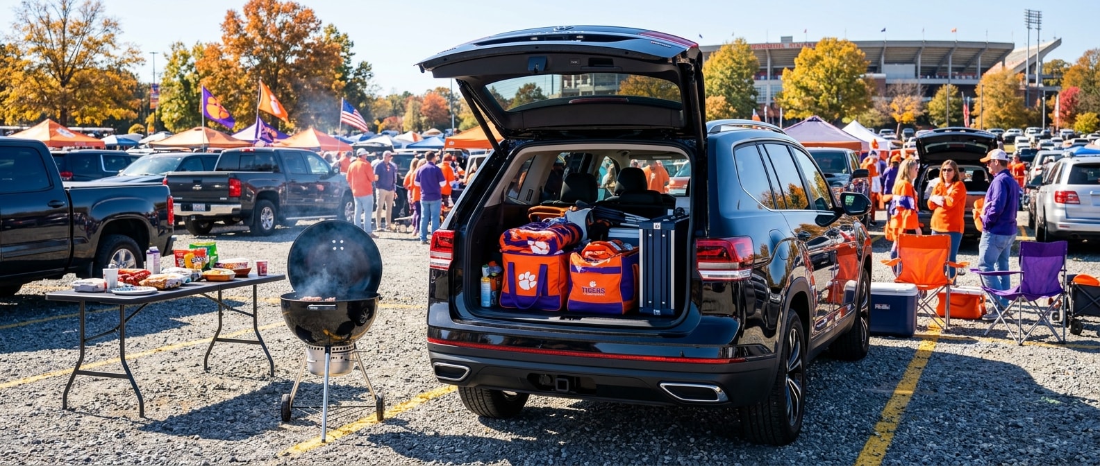 2026 Volkswagen Atlas with open liftgate and tailgate cargo loaded for a Greenville SC game-day trip