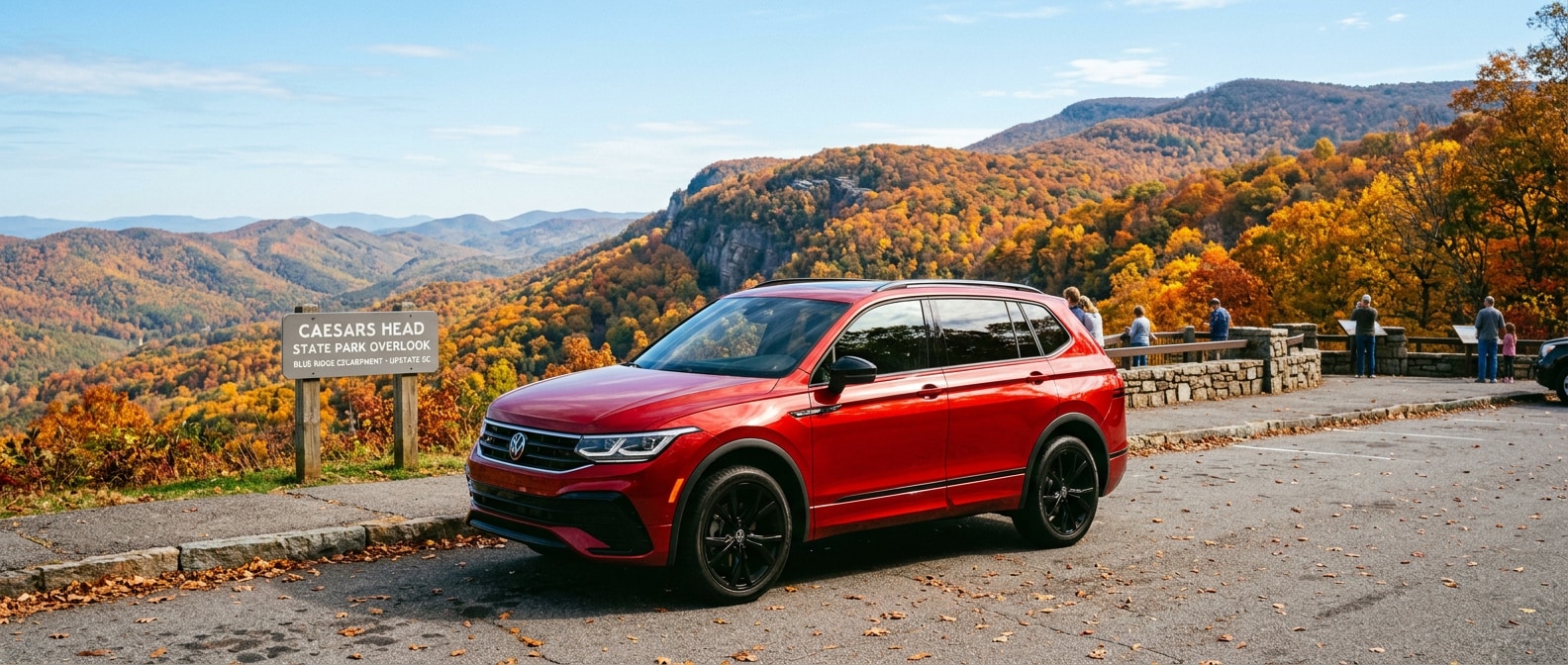 2026 Volkswagen Tiguan at Caesars Head State Park overlook during peak fall foliage season, Upstate South Carolina Blue Ridge Escarpment