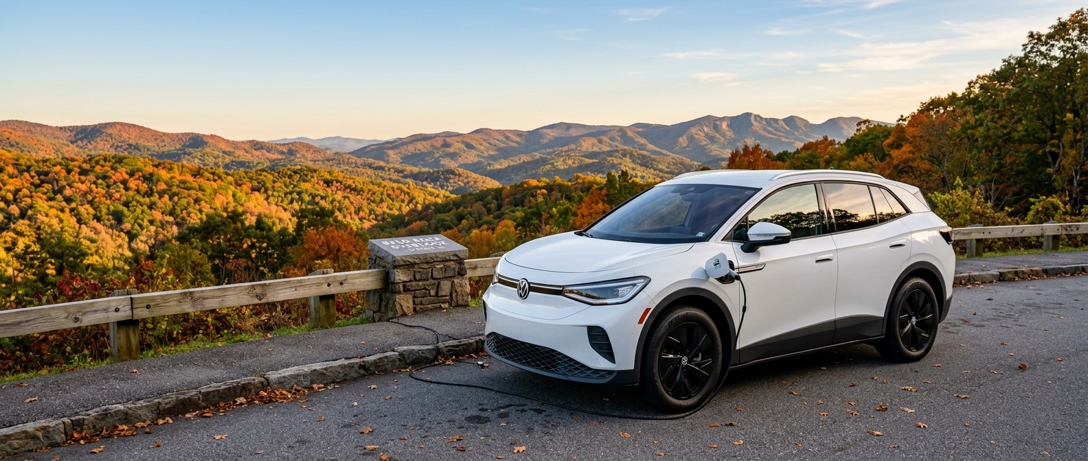 2026 Volkswagen ID.4 on an Upstate South Carolina overlook surrounded by fall foliage