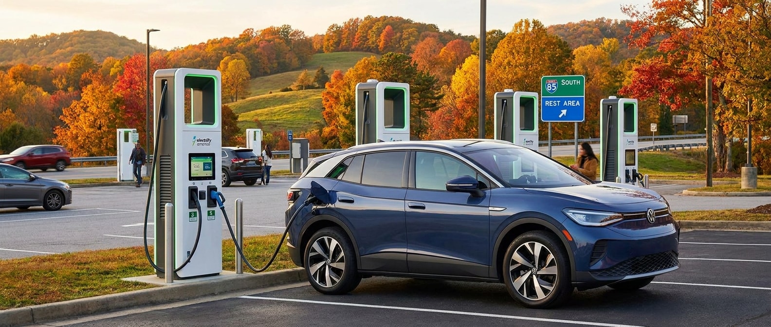 2026 Volkswagen ID.4 plugged into an Electrify America DC fast charger on the I-85 Greenville to Charlotte corridor in fall