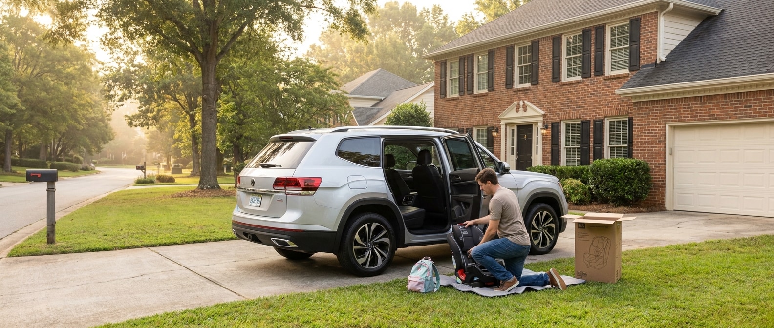 2026 Volkswagen Atlas rear door open with parent installing a forward-facing child car seat in the second row