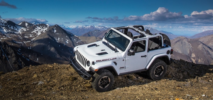 New Jeep Wrangler Rubicon in the snow on a mountain