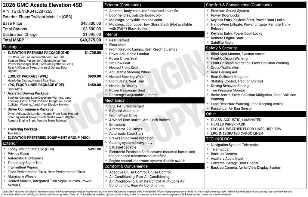 New 2026 GMC Acadia Elevation SUV