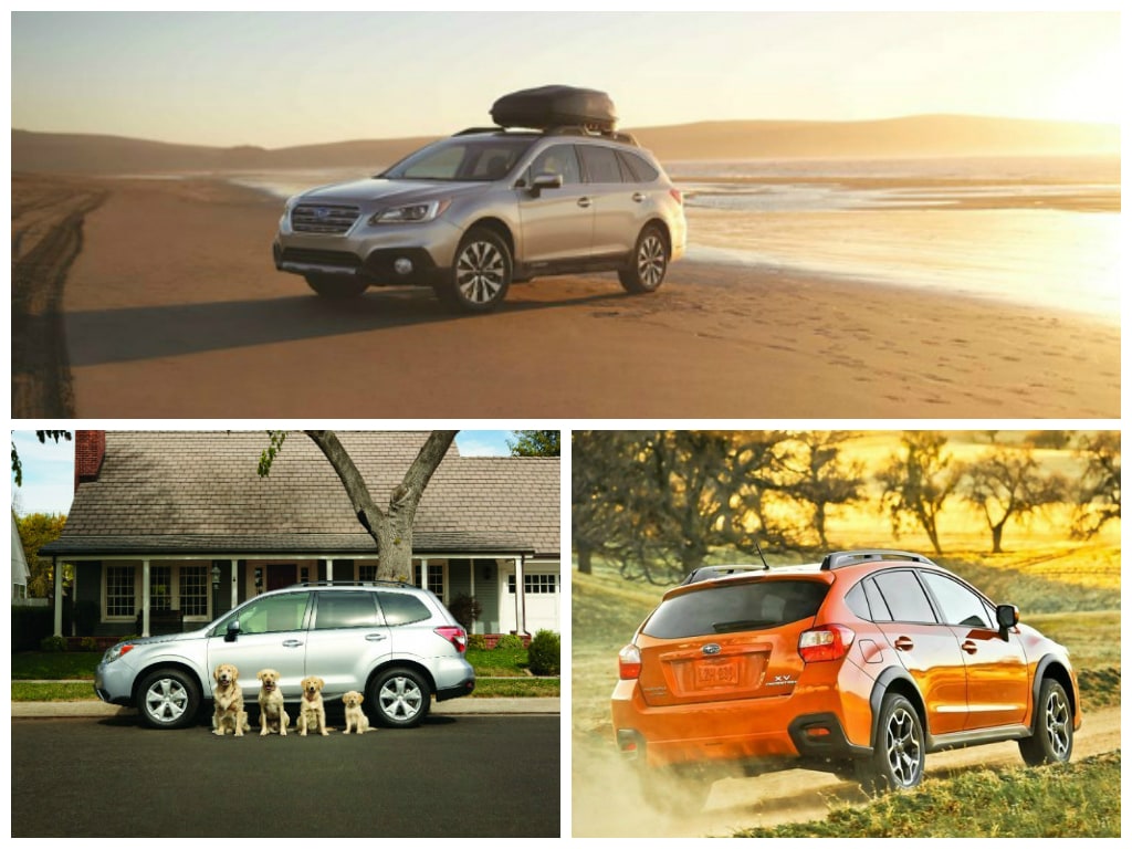 collage of the range of Subaru SUVs, including the Subaru Forester, the Subaru outback and the Subaru XV Crosstrek
