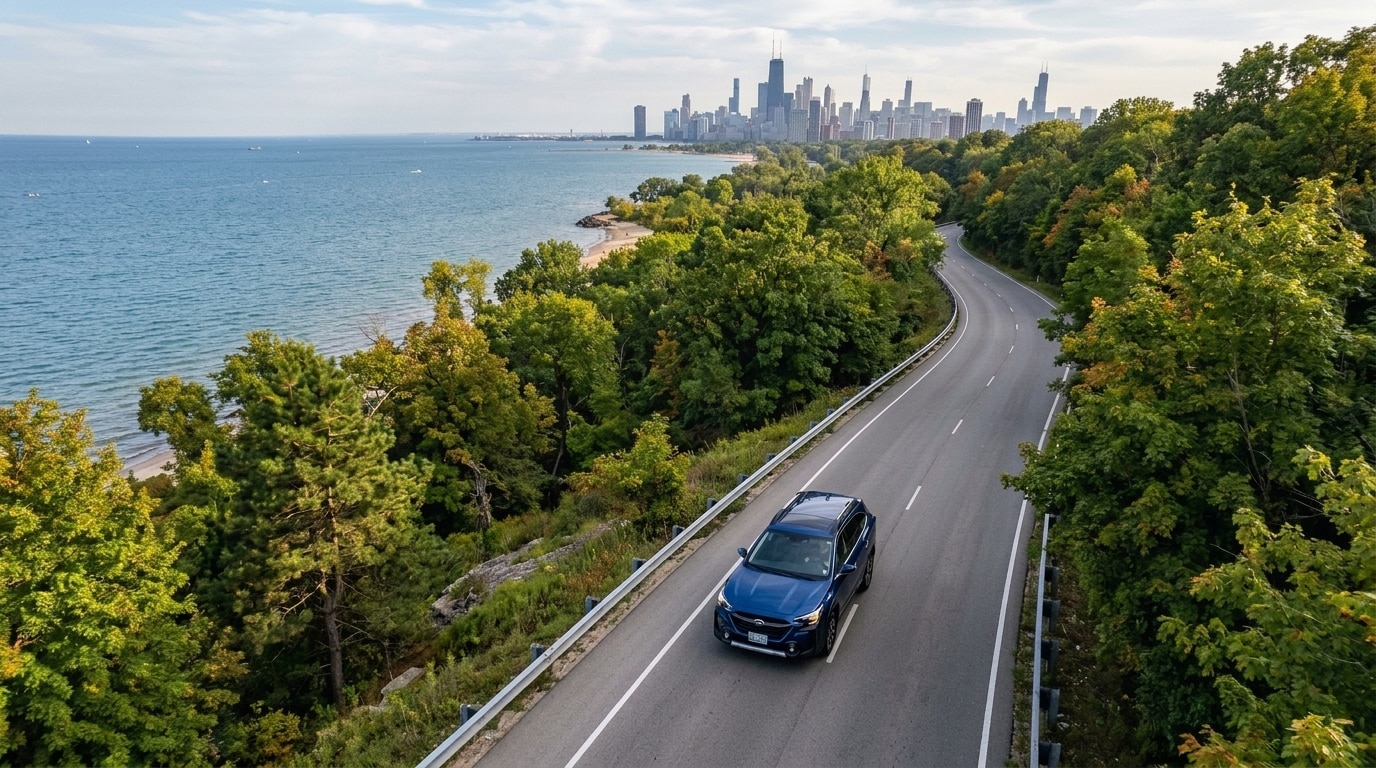 Readiness Footer.jpeg A Subaru Outback driving a way from Chicago