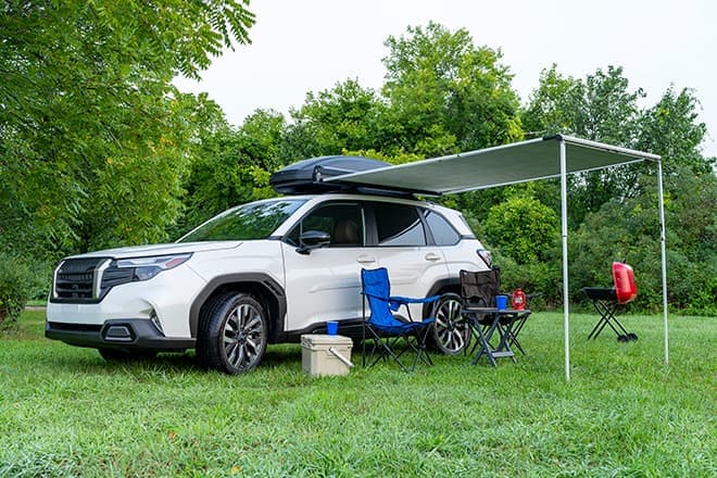 Subaru Outback shown with accessories for outdoor fun. Plenty of room for your family, pet, and gear when you hit the trail in an Outbuck from Subaru of Gainesville