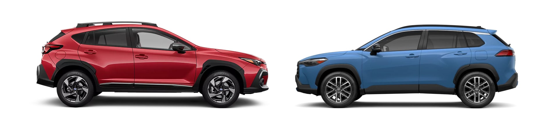 We're comparing the 2026 Subaru Crosstrek shown at left with the 2026 Toyota Corolla Cross shown at right for Gainesville compact SUV shoppers.