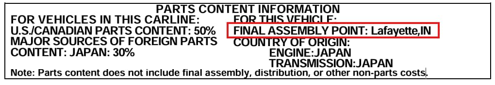Final Assembly Point displayed on a new Subaru vehicle window sticker.