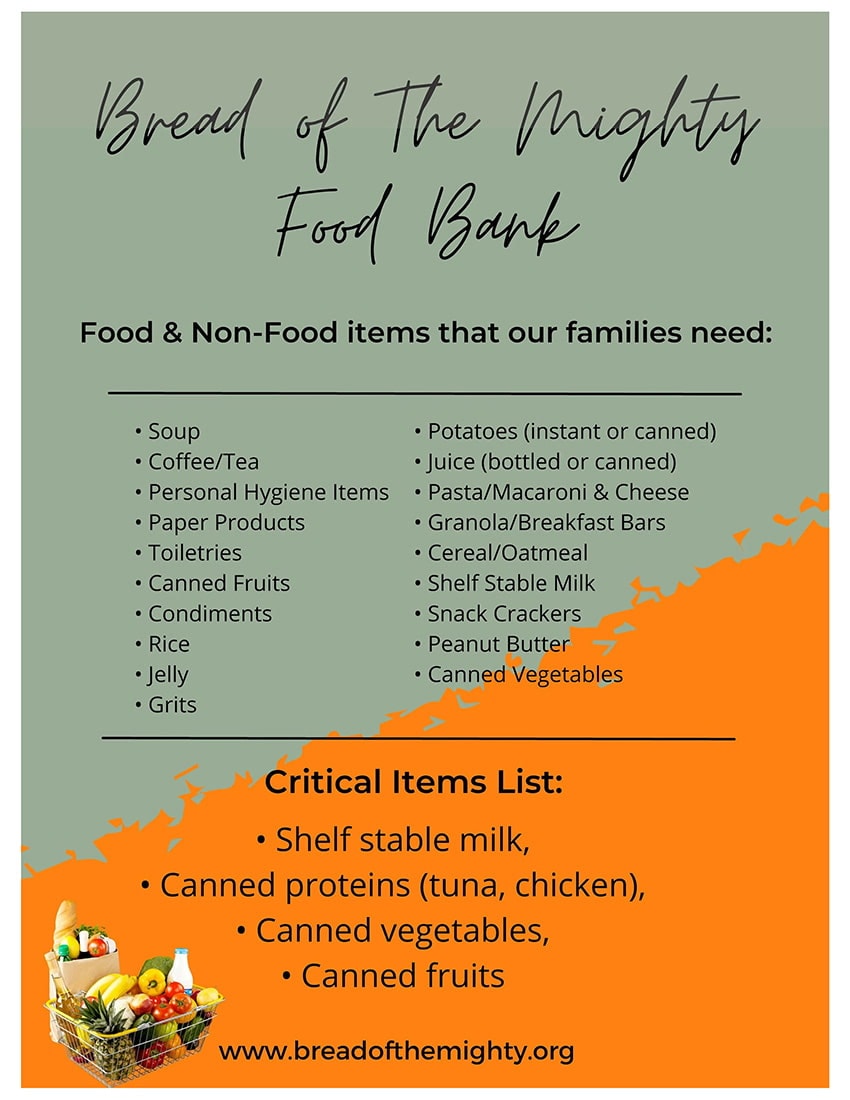A list of items for our Florida families in need from Bread of the Might Food Bank; event sponsored by Subaru of Gainesville.