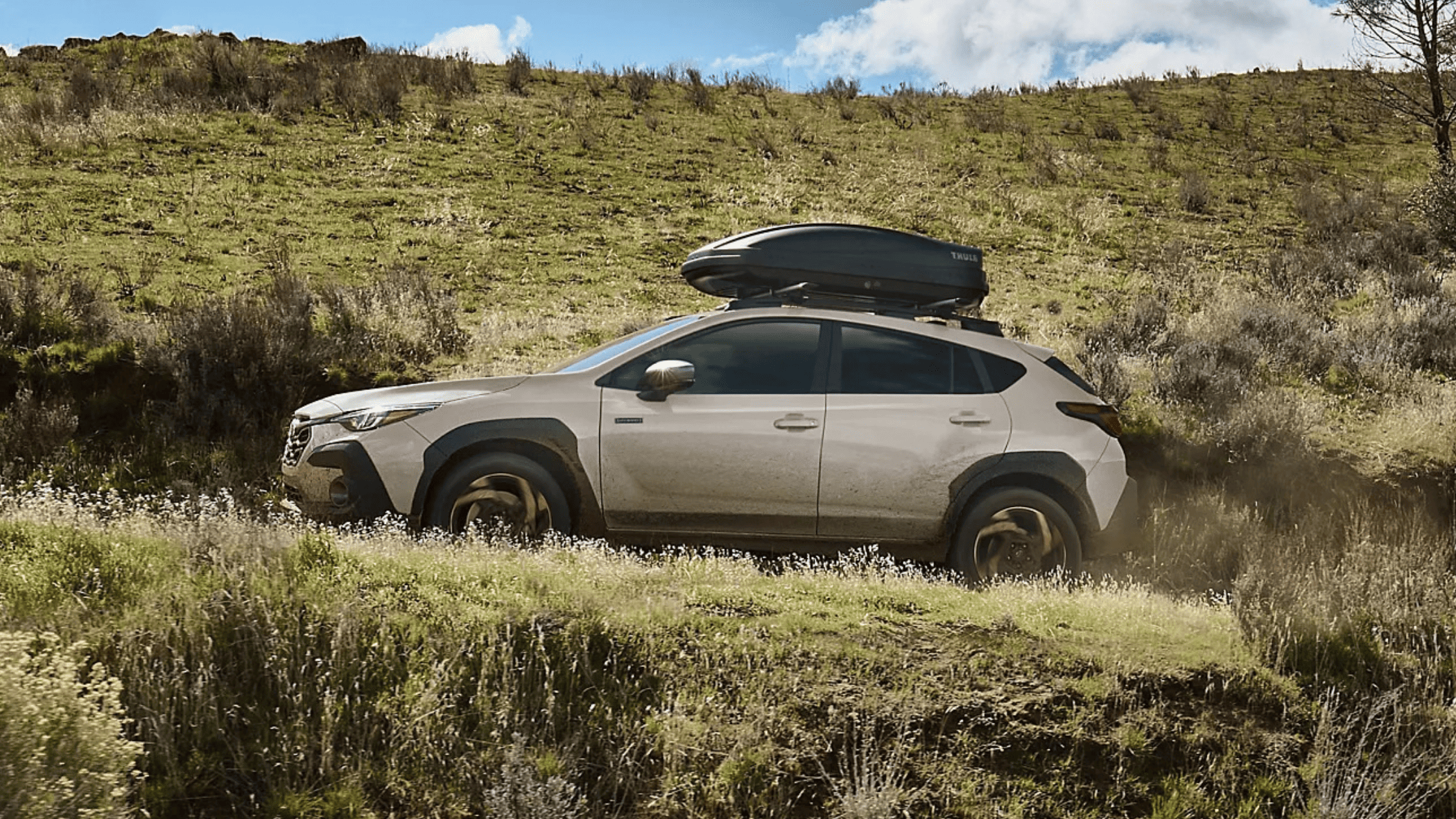 Tan 2026 Subaru Crosstrek Hybrid with roof cargo box on trail near Pueblo CO