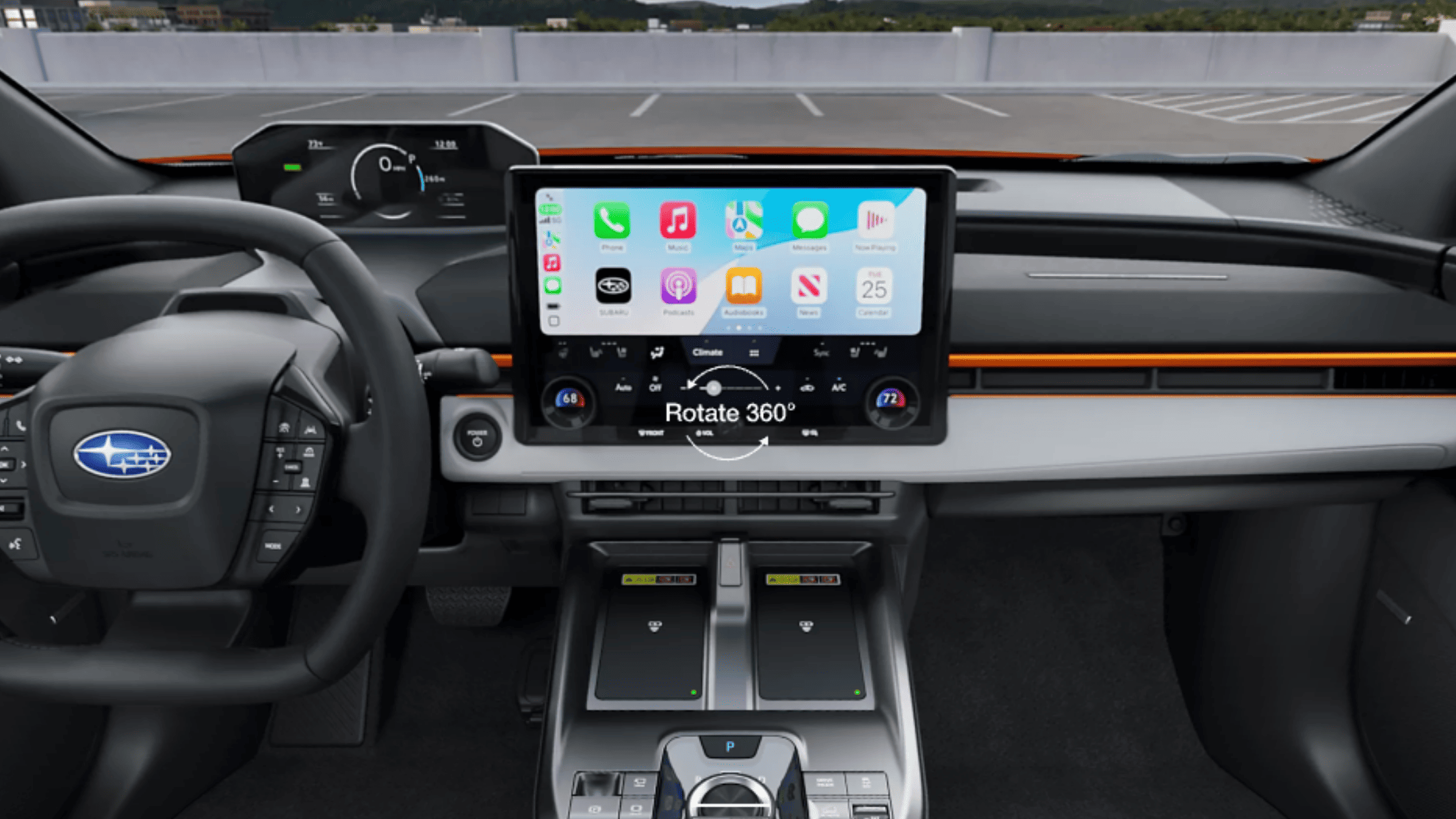 2026 Subaru Outback Wilderness all-black interior showing front and rear leather seats with touchscreen infotainment and mountain view through windows