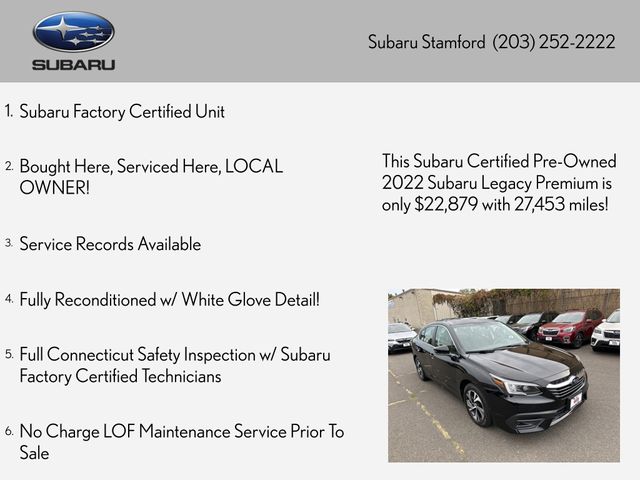 Certified 2022 Subaru Legacy Premium with VIN 4S3BWAC6XN3019254 for sale in Stamford, CT