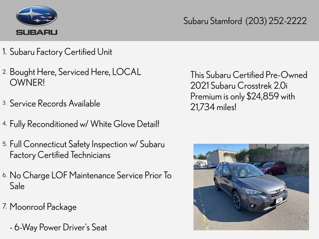 Certified 2021 Subaru Crosstrek Premium with VIN JF2GTAEC0M8381582 for sale in Stamford, CT