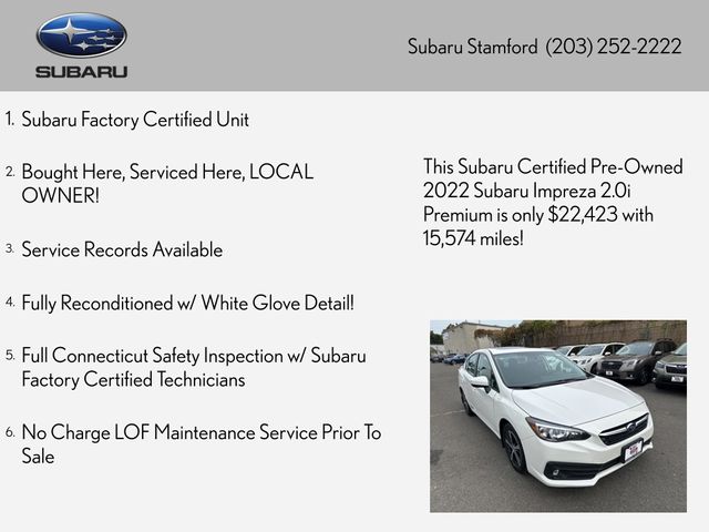 Certified 2022 Subaru Impreza Premium with VIN 4S3GKAD69N3603211 for sale in Stamford, CT