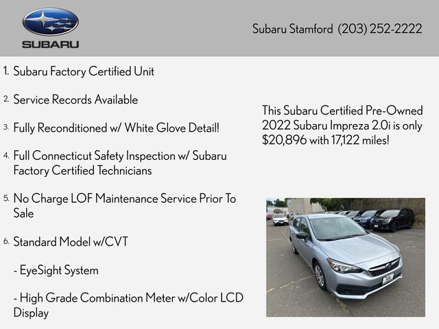 Certified 2022 Subaru Impreza Base with VIN 4S3GTAB63N3702171 for sale in Stamford, CT