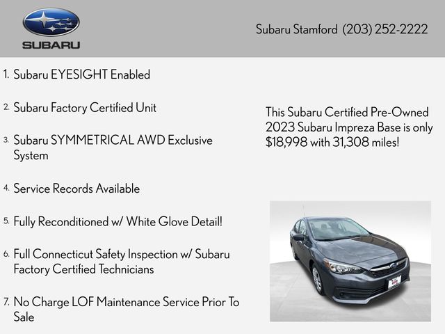 Certified 2023 Subaru Impreza Base with VIN 4S3GKAB68P3600208 for sale in Stamford, CT