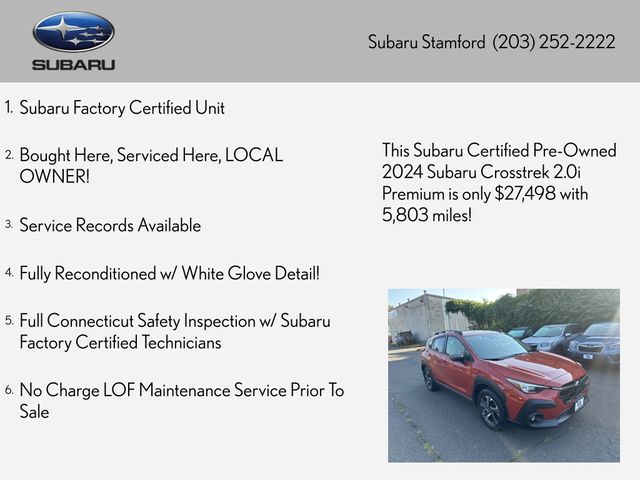 Certified 2024 Subaru Crosstrek Premium with VIN JF2GUADC5RH289454 for sale in Stamford, CT