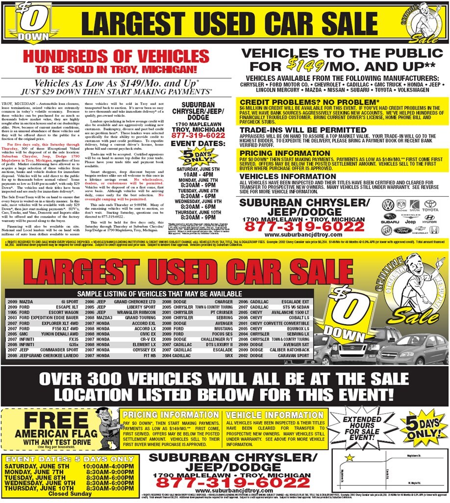 Suburban Chrysler Dodge Jeep Ram of Troy HUGE Used Car Sale with LOW