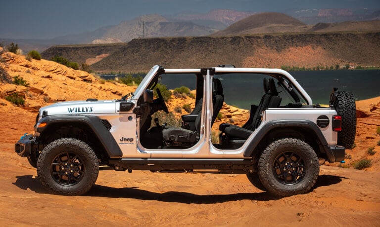 2025 Jeep Wrangler 4xe side view with doors off
