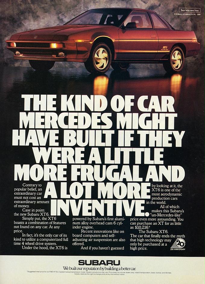 Vintage Subaru ad - 'The kind of car Mercedes might have built if they were a little more frugal and a lot more inventive'