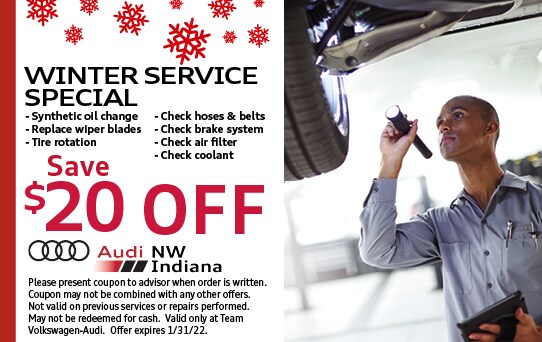 Save $20 on our winter service special with synthetic oil change, replaceing winter wiper blades, tire rotation, checking hoses and belts, brake systems, air filters, and coolant
