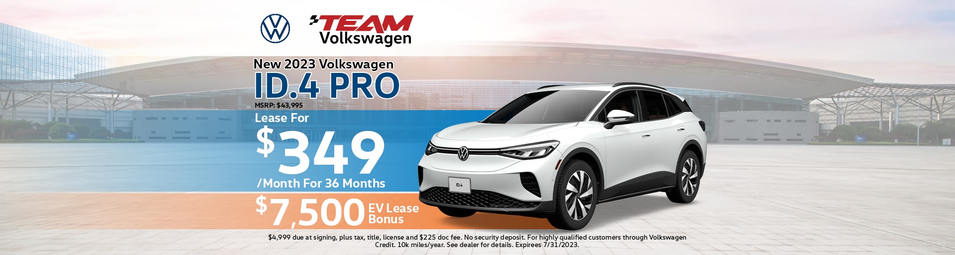 Lease a new 2023 Volkswagen ID.4 Pro for $349 per month for 36 months with $7,500 EV Lease Bonus. MSRP: $43,995