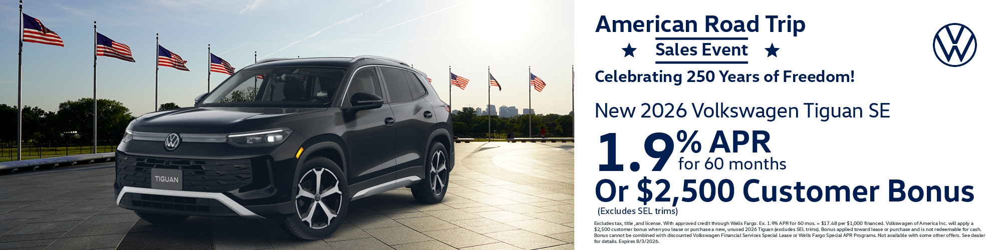 Get a new 2026 Volkswagen Tiguan SE with 1.9% APR for 60 months or $2,500 Customer Bonus