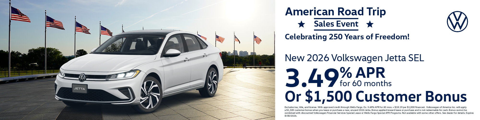 Get a new 2026 Volkswagen Jetta SEL with 3.49% APR for 60 months or $1,500 Customer Bonus