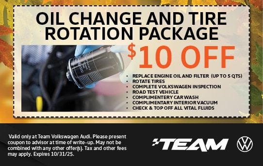$10 off oil change and tire rotation. REPLACE ENGINE OIL AND FILTER (UPTO 5 QTS), ROTATE TIRES, COMPLETE VOLKSWAGEN INSPECTION, ROAD TEST VEHICLE, COMPLIMENTERY CAR WASH, COMPLIMENTARY INTERIOR VACUUM, CHECK & TOP OFF ALL MTAL FLUIDS