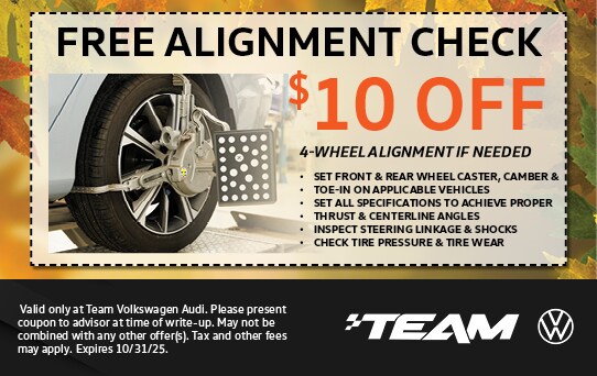Free alignment check plus $10 off alignment if recommended. SET FRONT & REAR WHEEL CASTER, CAMBER & TOE-IN ON APPLICABLE VEHICLES. SET ALL SPECIFICATIONS TO ACHIEVE PROPER THRUST & CENTERLINE ANGLES. INSPECT STEERING LINKAGE & SHOCKS CHECK TIRE PRESSURE & TIRE WEAR.
