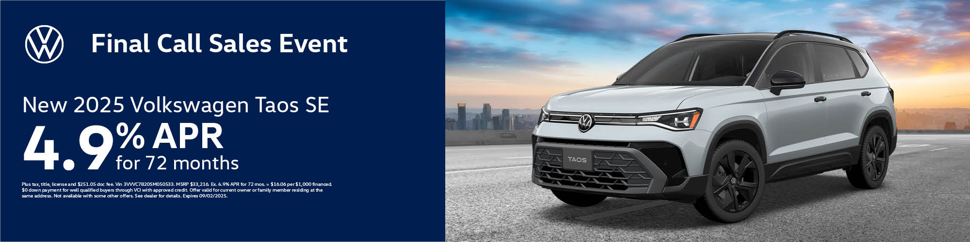 Get a new 2025 Volkswagen Taos SE with 4.9% APR for 72 months