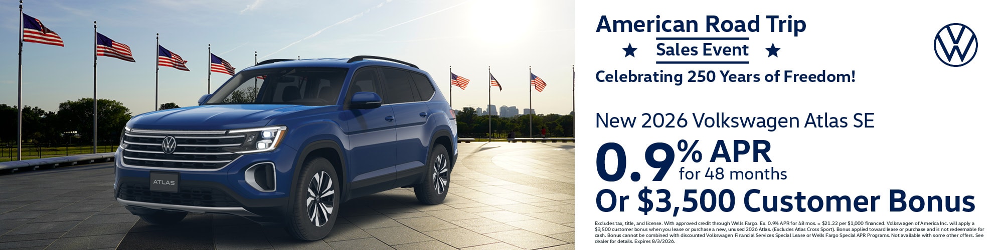 Get a new 2026 Volkswagen Atlas SE with 0.9% APR for 48 months or $3,500 Customer Bonus