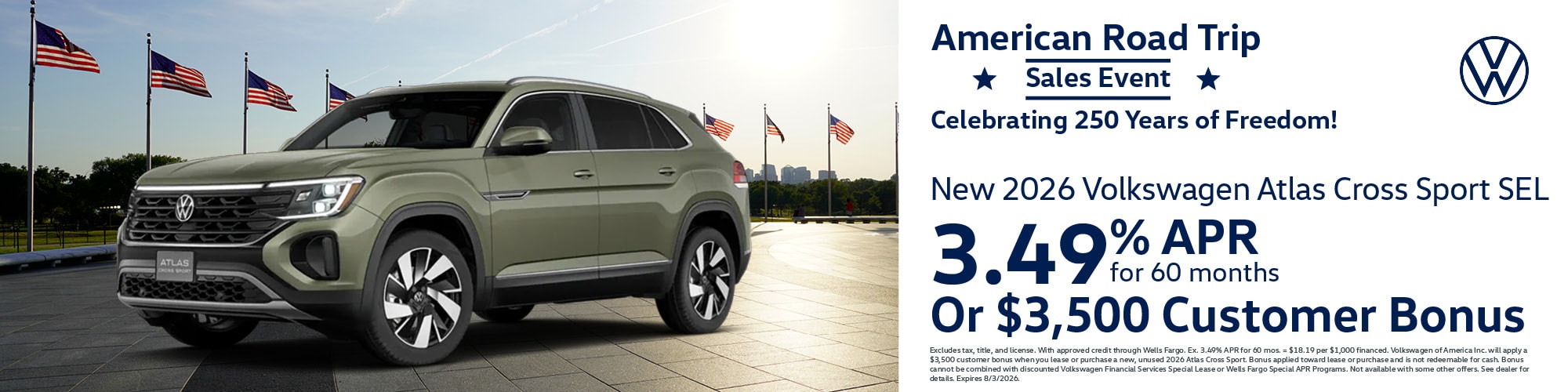 Get a new 2026 Volkswagen Atlas Cross Sport SEL with 3.49% APR for 60 months or $3,500 Customer Bonus