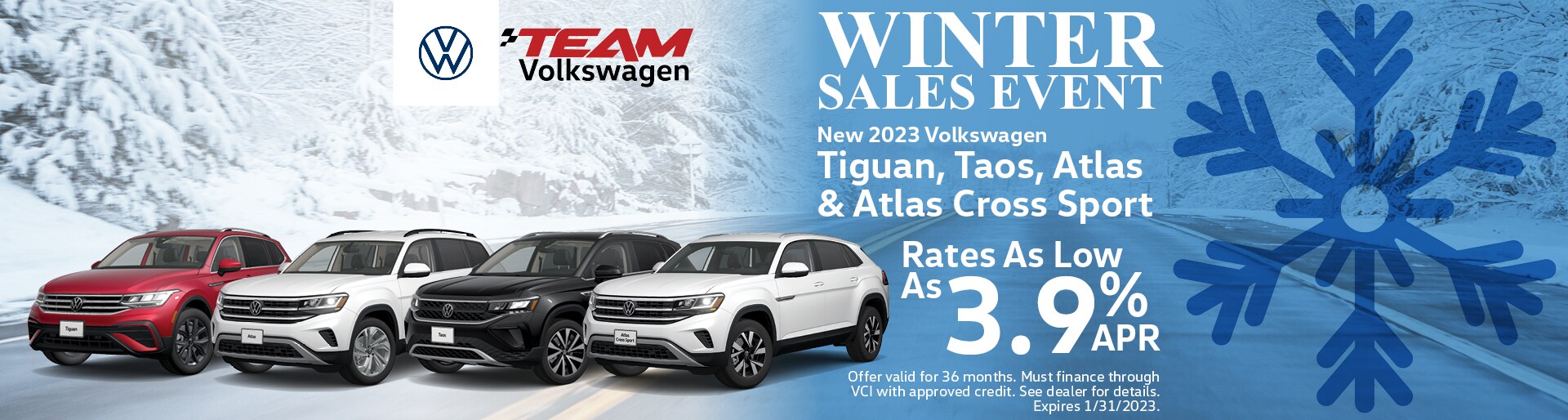New 2023 Volkswagen Atlas, Atlas Cross Sport, Taos, and Tiguan with rates as low as 3.9% APR for 36 months.
