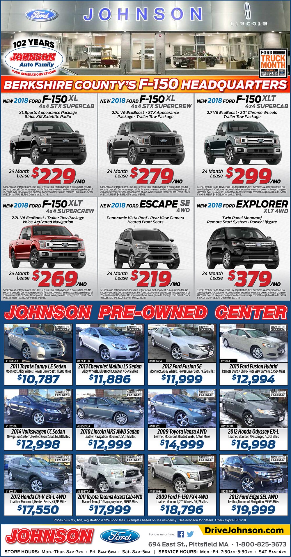 Johnson Ford Newspaper Ad in Pittsfield Ma 01201 Ford Dealer serving