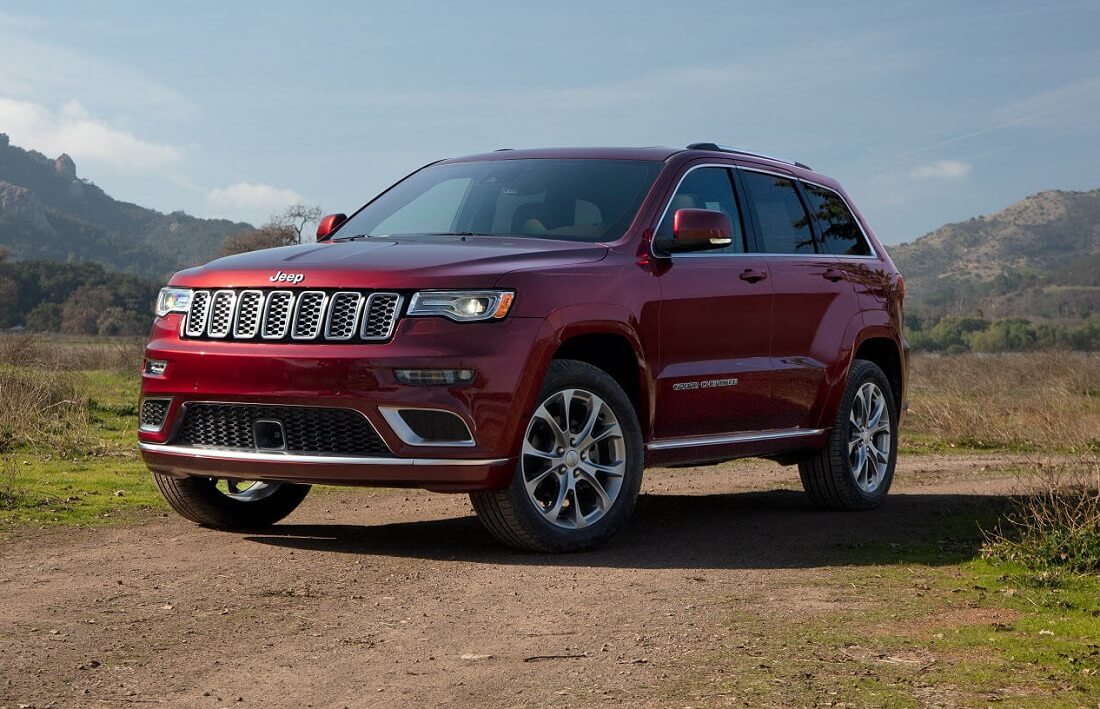 2020 Red Jeep Grand Cherokee on a dirt path