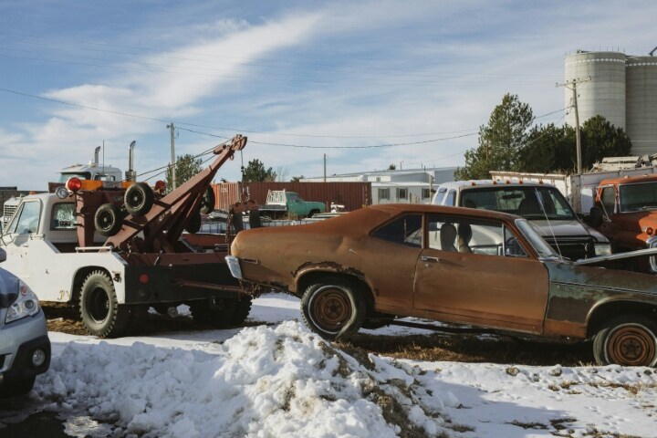 Towing a car in Washington snow.