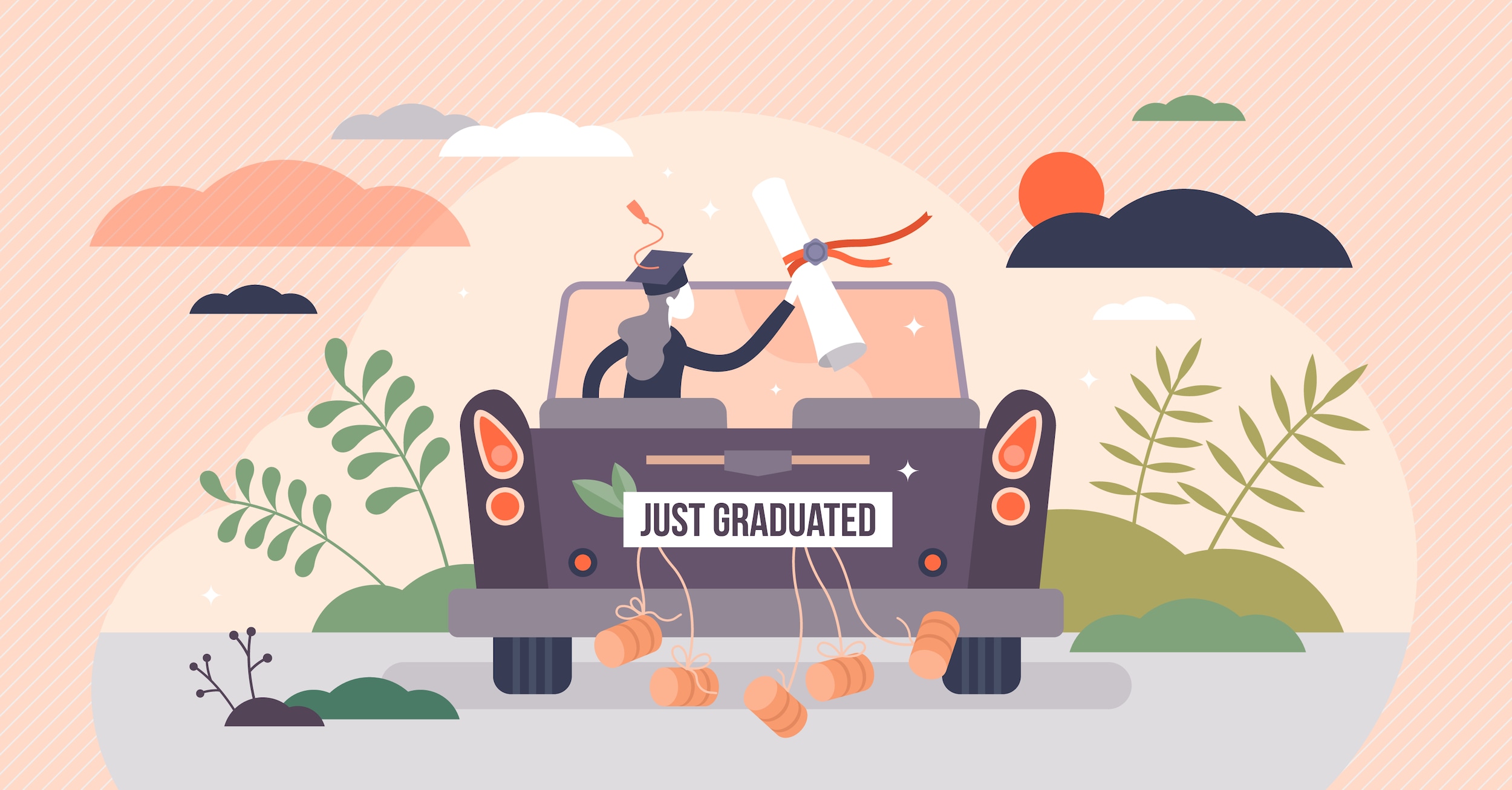 A graphic of a new graduate driving a vehicle with a 'Just Graduated' license plate